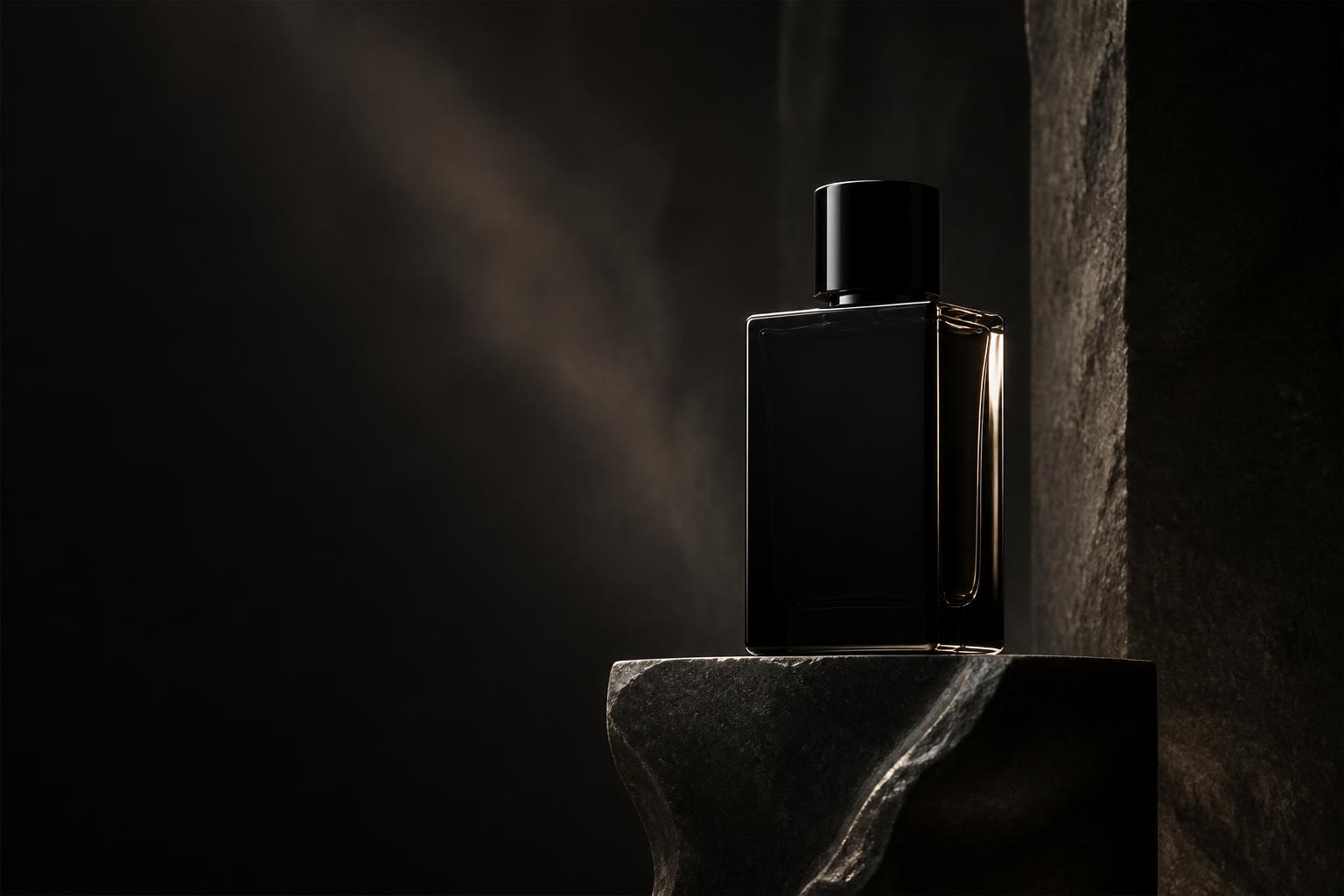 Unbranded black fragrance bottle on sculptural stone